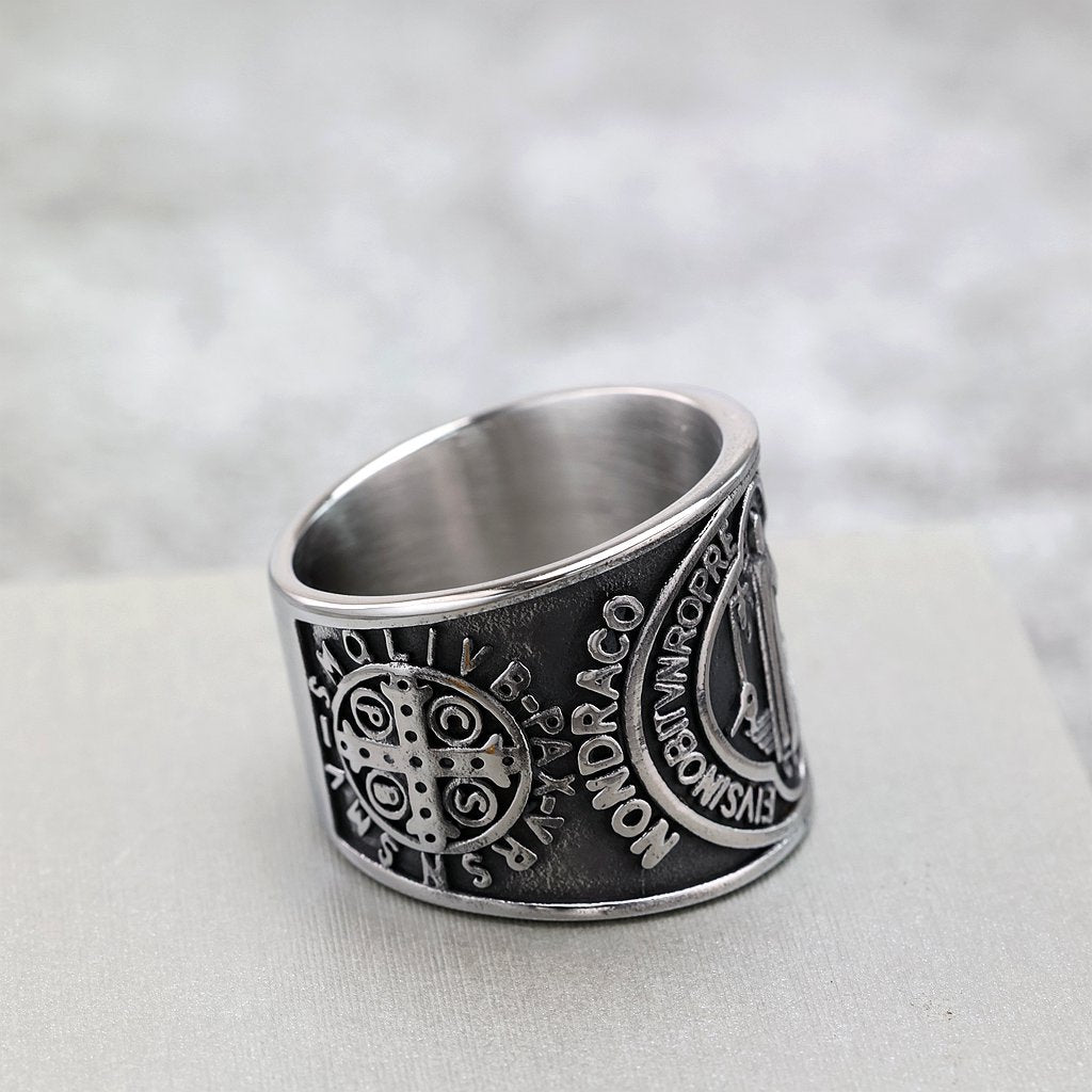 Vintage Stainless Steel Wide Band St. Benedict Exorcism Cross Ring for Men