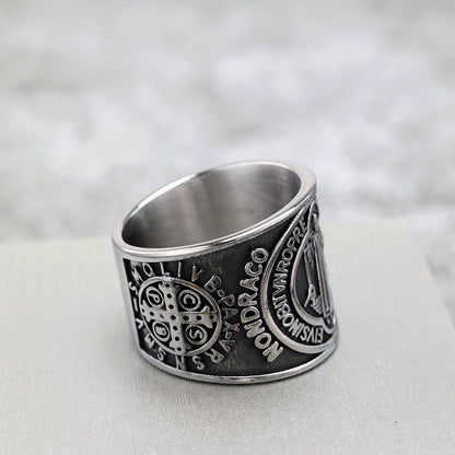 Vintage Stainless Steel Wide Band St. Benedict Exorcism Cross Ring for Men