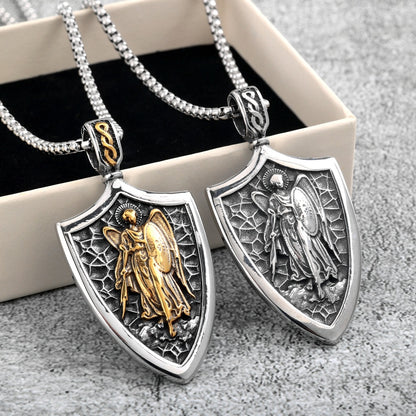 Vintage Stainless Steel Men's Shield St. Michael Angel Pendant Necklace