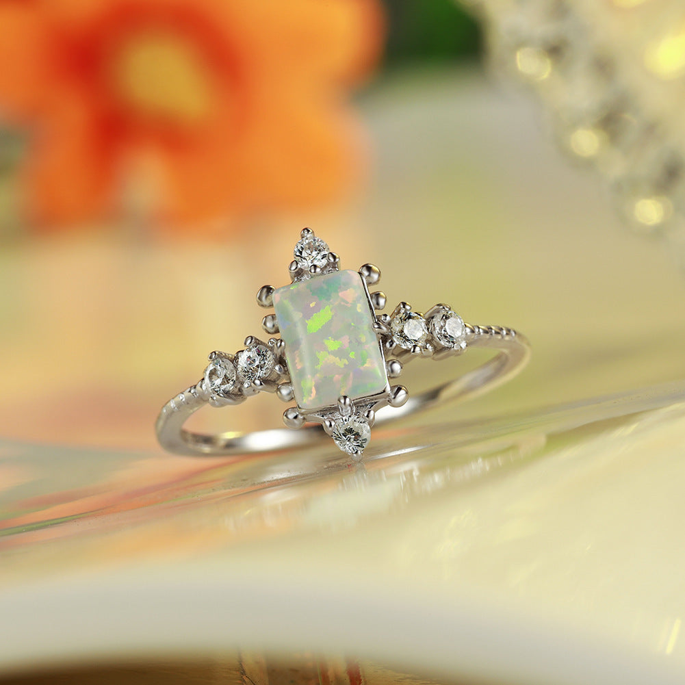 Women's White Gold Plated Rectangle Opal With Zirconia ring