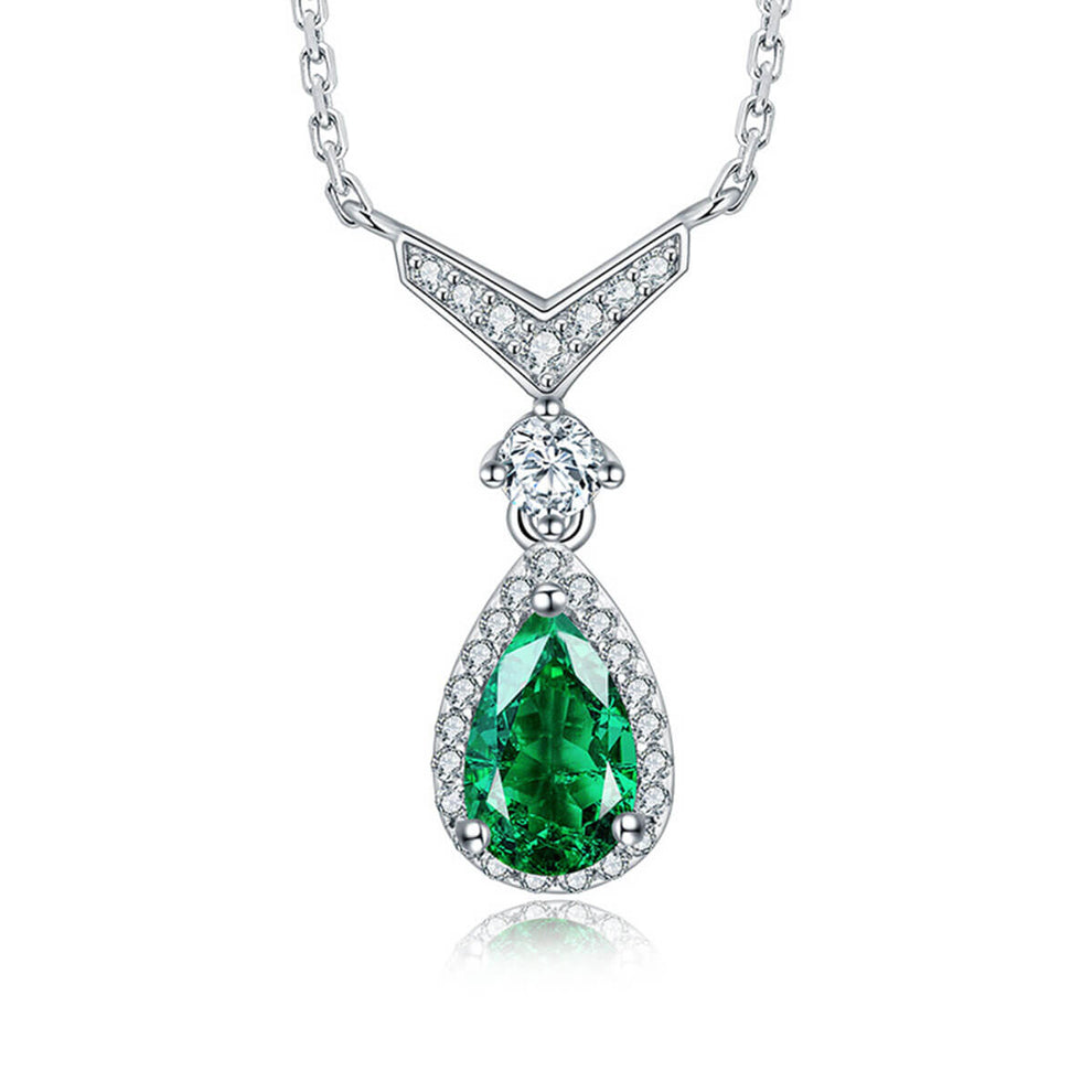 Women's Sterling Silver White Gold Drip Shape Emerald Full Stones Pendant
