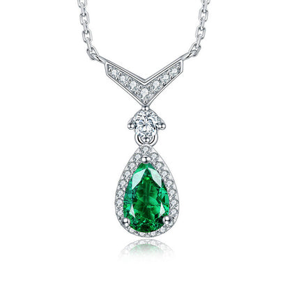 Women's Sterling Silver White Gold Drip Shape Emerald Full Stones Pendant