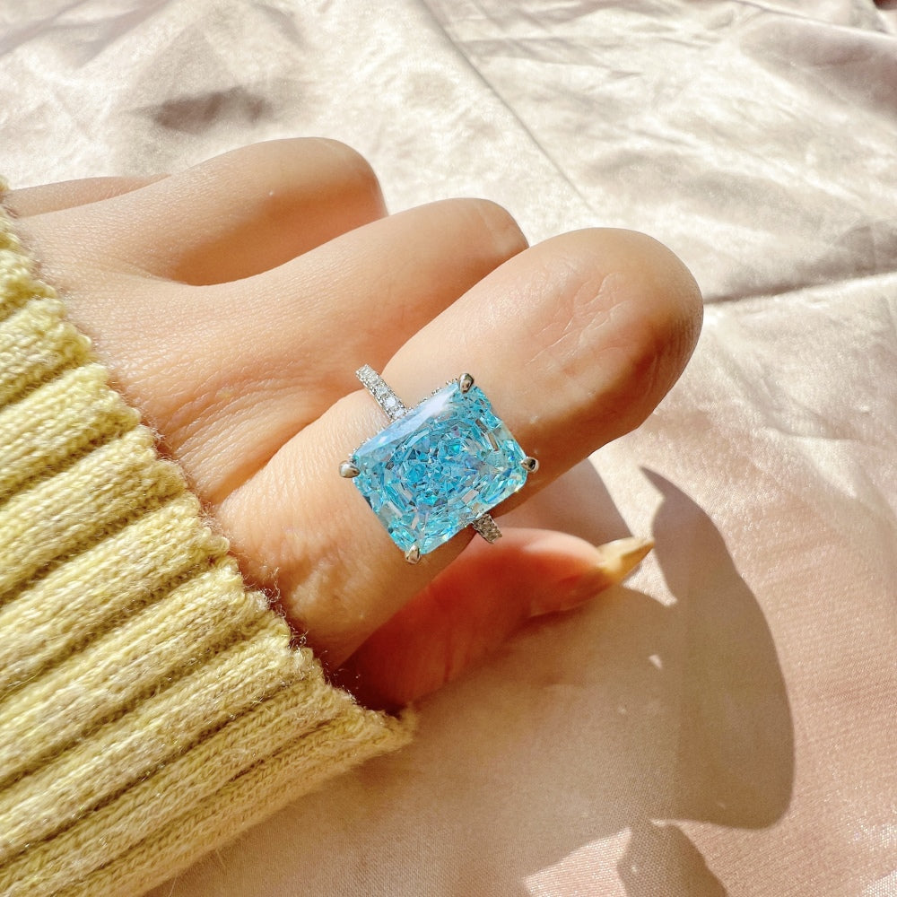Women's Square Ice Flower Cut Blue Zirconia Fashion Ring, S925 with White Gold Plating