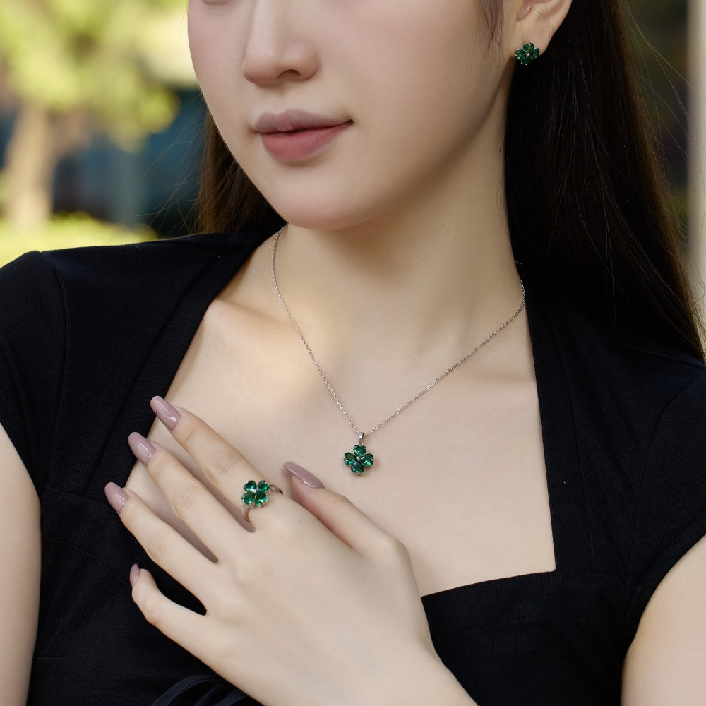 Women's Clover Stud Earrings, Heart‑Shape Emerald with Bead Accent, S925 with White Gold Plating