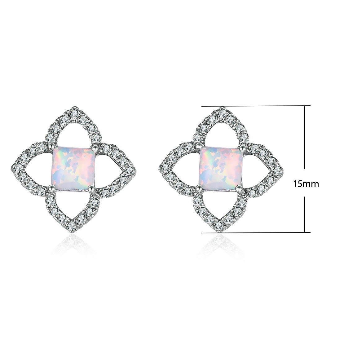 Women's Hollow Clover Square Opal Stud Earrings With Zirconia Halo, with White Gold Plating
