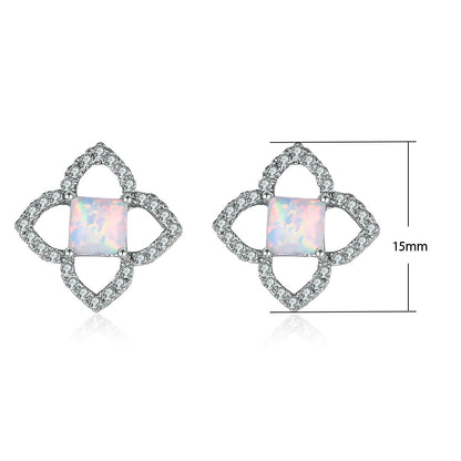 Women's Hollow Clover Square Opal Stud Earrings With Zirconia Halo, with White Gold Plating