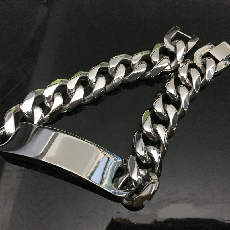Men’s Hip Hop Stainless Steel Bracelet, Six Sides Polished Curved Tag Fashion Wrist Jewelry