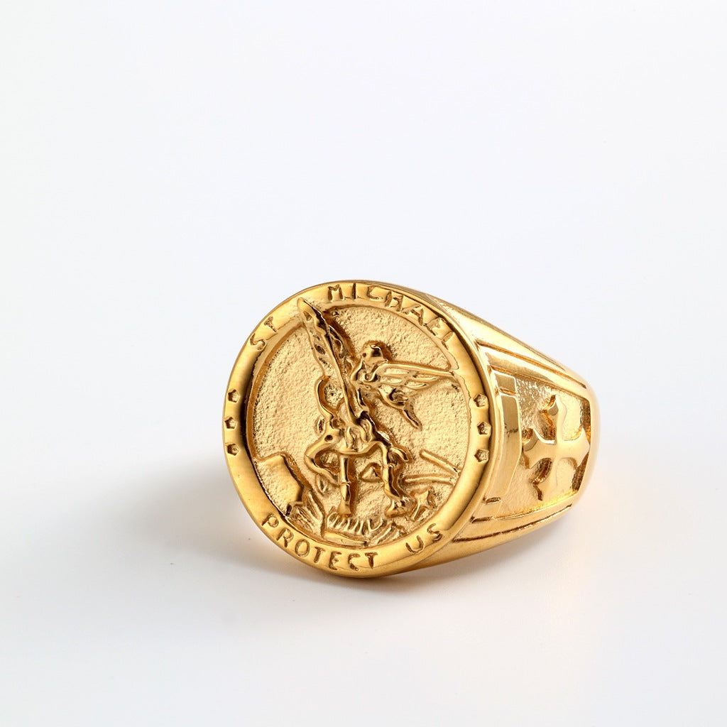 Vintage Solid Stainless Steel Archangel Saint Michael Dragon Slayer Round Signet Ring for Men