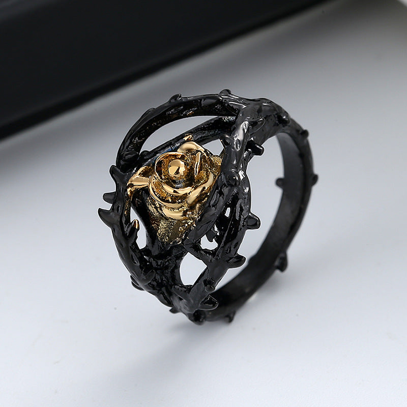Men's Black Rose Flower Design Ring with Black and Gold Accents