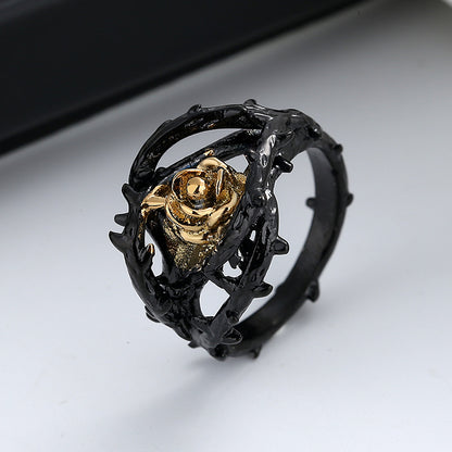 Men's Black Rose Flower Design Ring with Black and Gold Accents