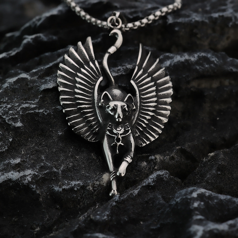 Vintage Stainless Steel Egyptian Cat God Wings Pendant Necklace for Men