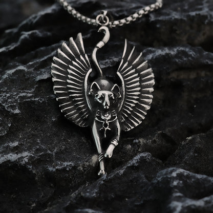 Vintage Stainless Steel Egyptian Cat God Wings Pendant Necklace for Men