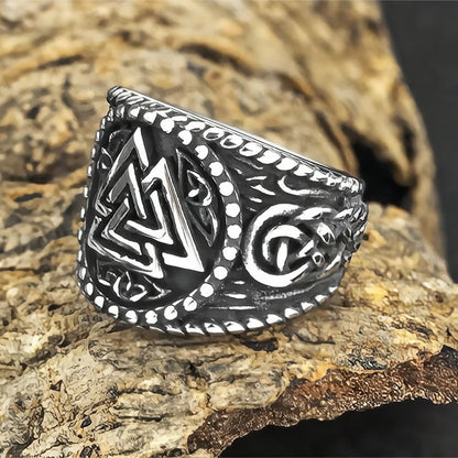 Vintage Stainless Steel Norse Valknut Viking Symbol Wide Band Ring for Men