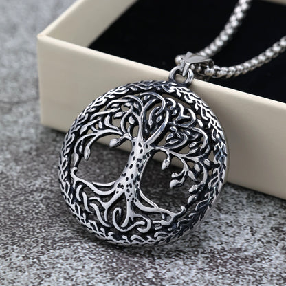 Vintage Stainless Steel Hollow Tree of Life Pendant Necklace for Men
