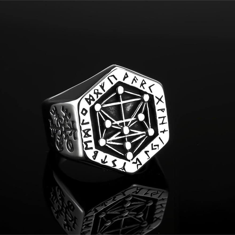 Vintage Nordic Solid Stainless Steel Viking Rune Vegvisir Compass Ring for Men