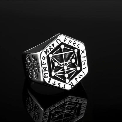 Vintage Nordic Solid Stainless Steel Viking Rune Vegvisir Compass Ring for Men