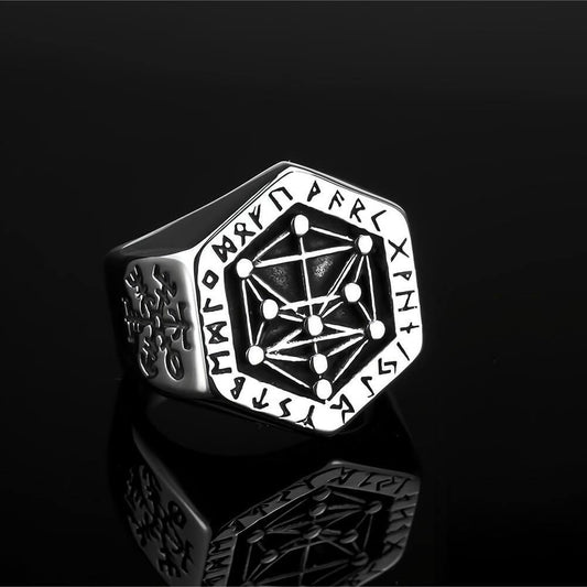 Vintage Nordic Solid Stainless Steel Viking Rune Vegvisir Compass Ring for Men