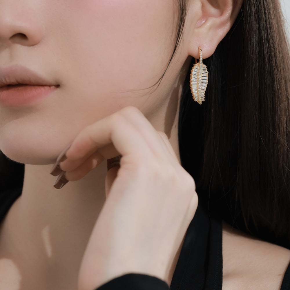 Women's Leaf Shape Drop Earrings, Tapered Baguette Zirconia Paved, S925 with 18K Gold Plating