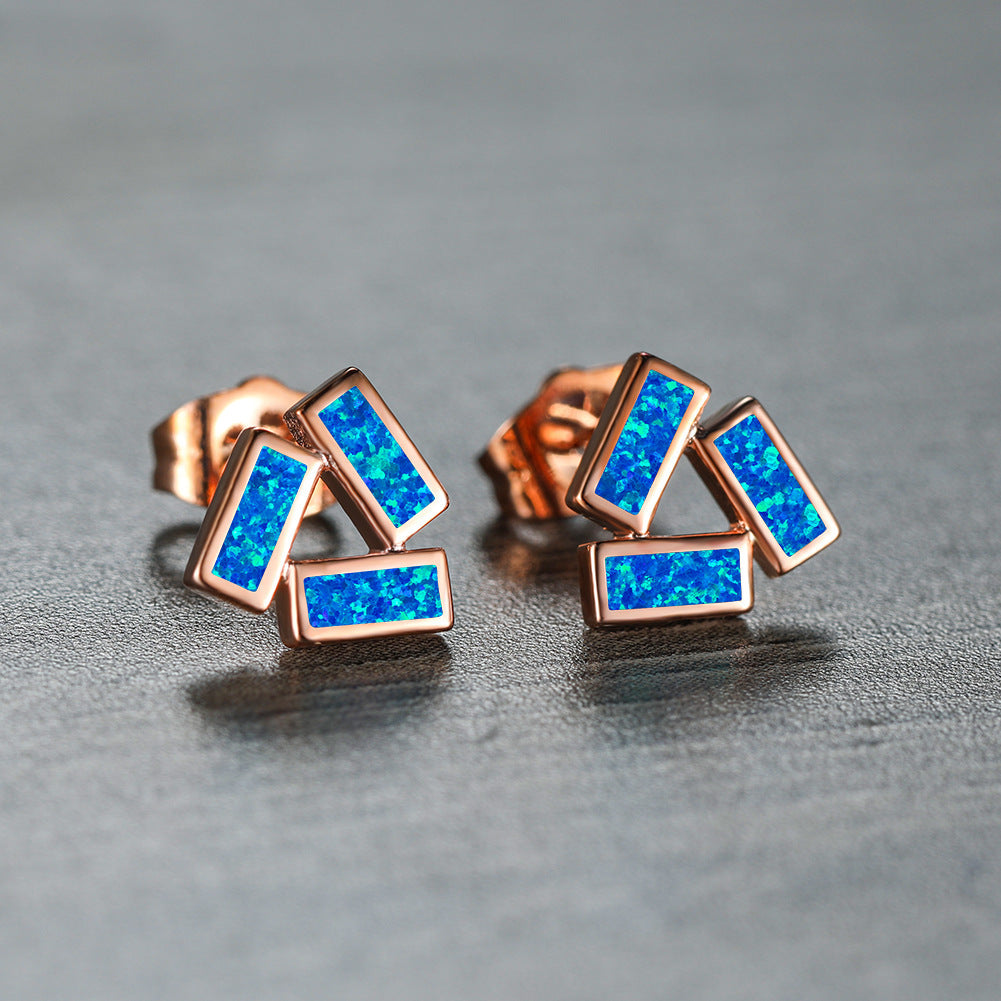 Women's Three Rectangle Blue Opal / White Opal Geometric Stud Earrings, Rose Gold / White Gold Plating