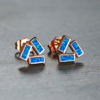 Women's Three Rectangle Blue Opal / White Opal Geometric Stud Earrings, Rose Gold / White Gold Plating
