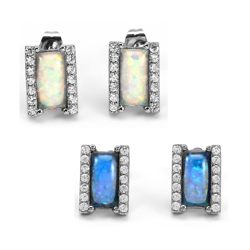 Women's Rectangle Opal Halo Zirconia Stud Earrings, with White Gold Plating