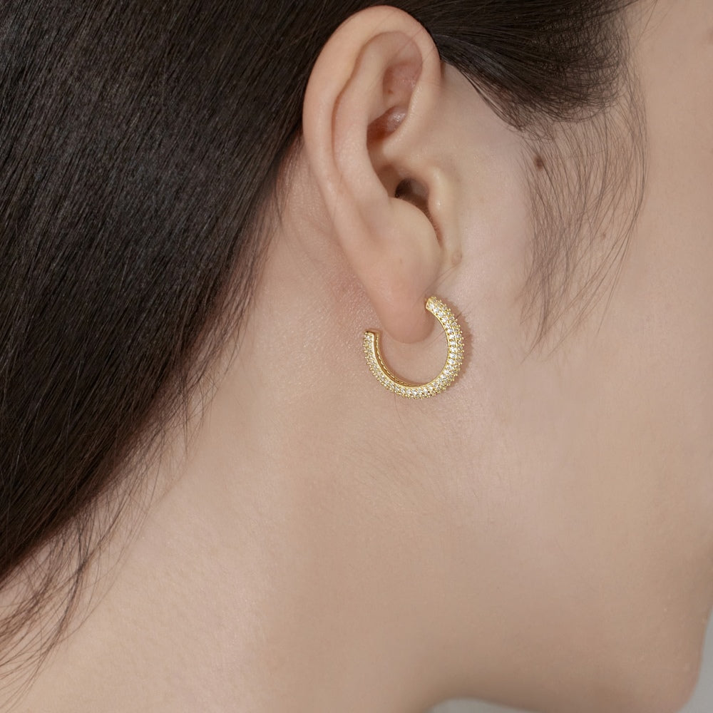 Women's Delicate 15 mm Round Huggie Earrings, Full Paved Round Zirconia, S925 with 18K Gold Plating