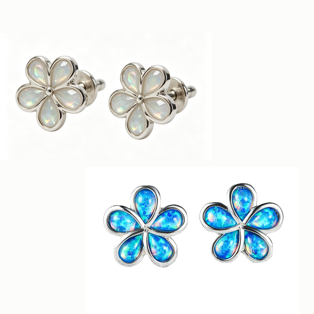 Women's Five Petal Flower Inlaid White & Blue Opal Stud Earrings, White Gold Plating