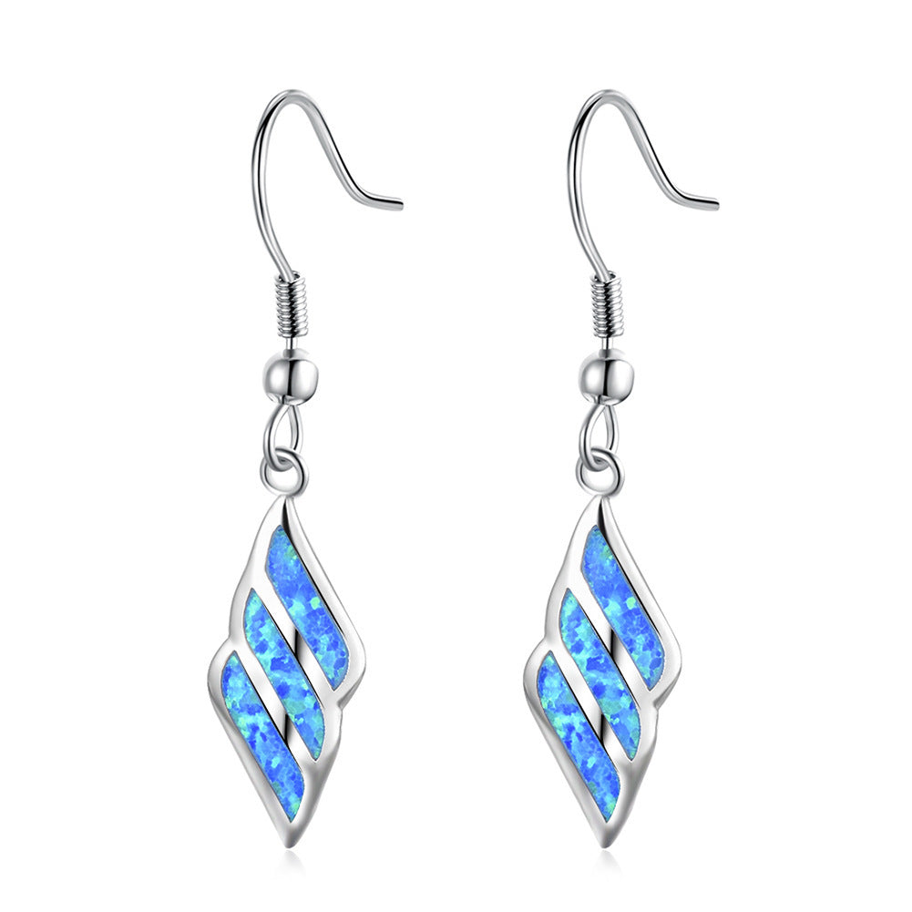 Women's Wing‑Shape Hook Dangle Earrings, Blue Opal Inlay, with White Gold Plating