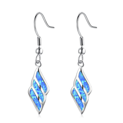 Women's Wing‑Shape Hook Dangle Earrings, Blue Opal Inlay, with White Gold Plating