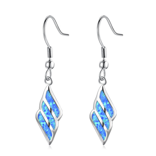 Women's Wing‑Shape Hook Dangle Earrings, Blue Opal Inlay, with White Gold Plating