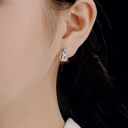 Women's Geometric Frame Stud Earrings, Rectangular Center Zirconia With Paved Round Zirconia Halo, S925 with White Gold Platin