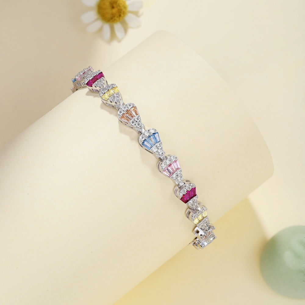 Women's Delicate Adjustable Bracelet, Multicolor Baguette Zirconia Arranged Inlay, S925 with White Gold Plating
