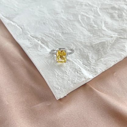 Women's Square Ice Flower Cut Yellow Gemstone Zirconia Luxury Ring, S925 with White Gold Plating