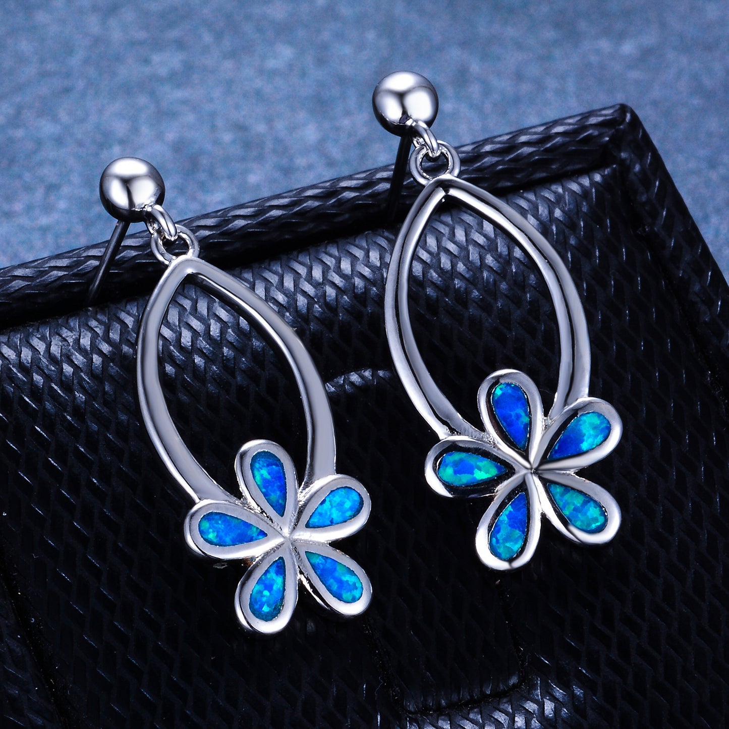 Women's Exquisite Hollow‑Out Floral Dangle Earrings with Blue / Purple / White Opal, with White Gold Plating