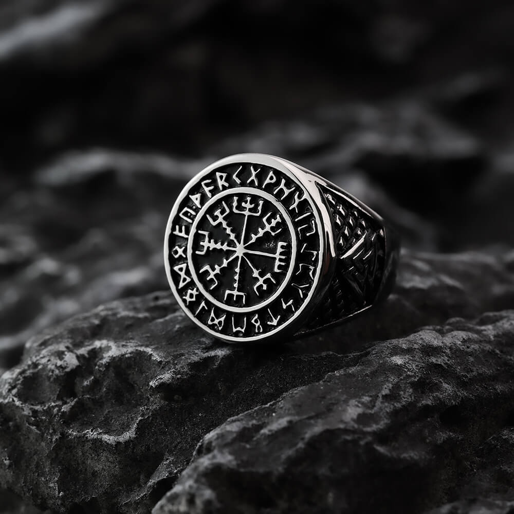 Vintage Nordic Stainless Steel Viking Rune Compass Round Ring for Men
