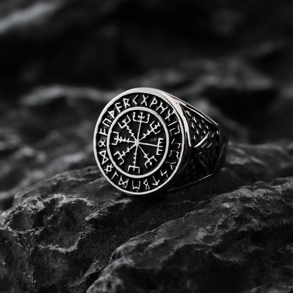 Vintage Nordic Stainless Steel Viking Rune Compass Round Ring for Men
