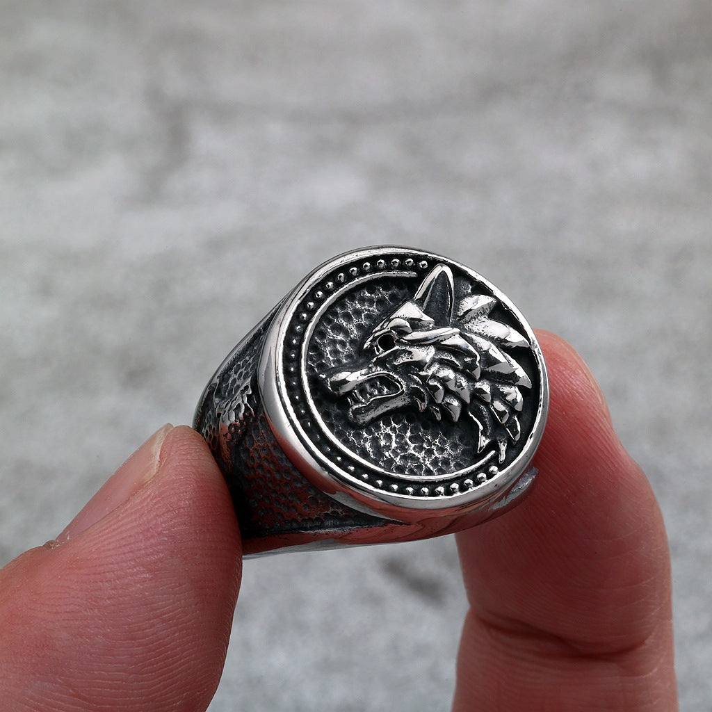Vintage Solid Stainless Steel Viking Odin Wolf Head Round Ring for Men