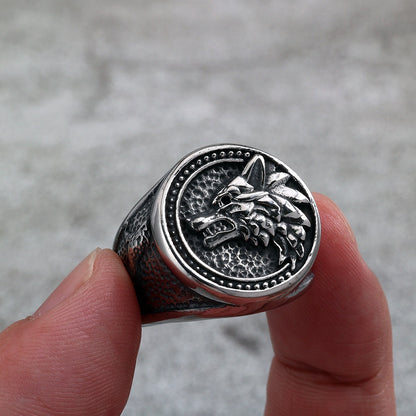 Vintage Solid Stainless Steel Viking Odin Wolf Head Round Ring for Men