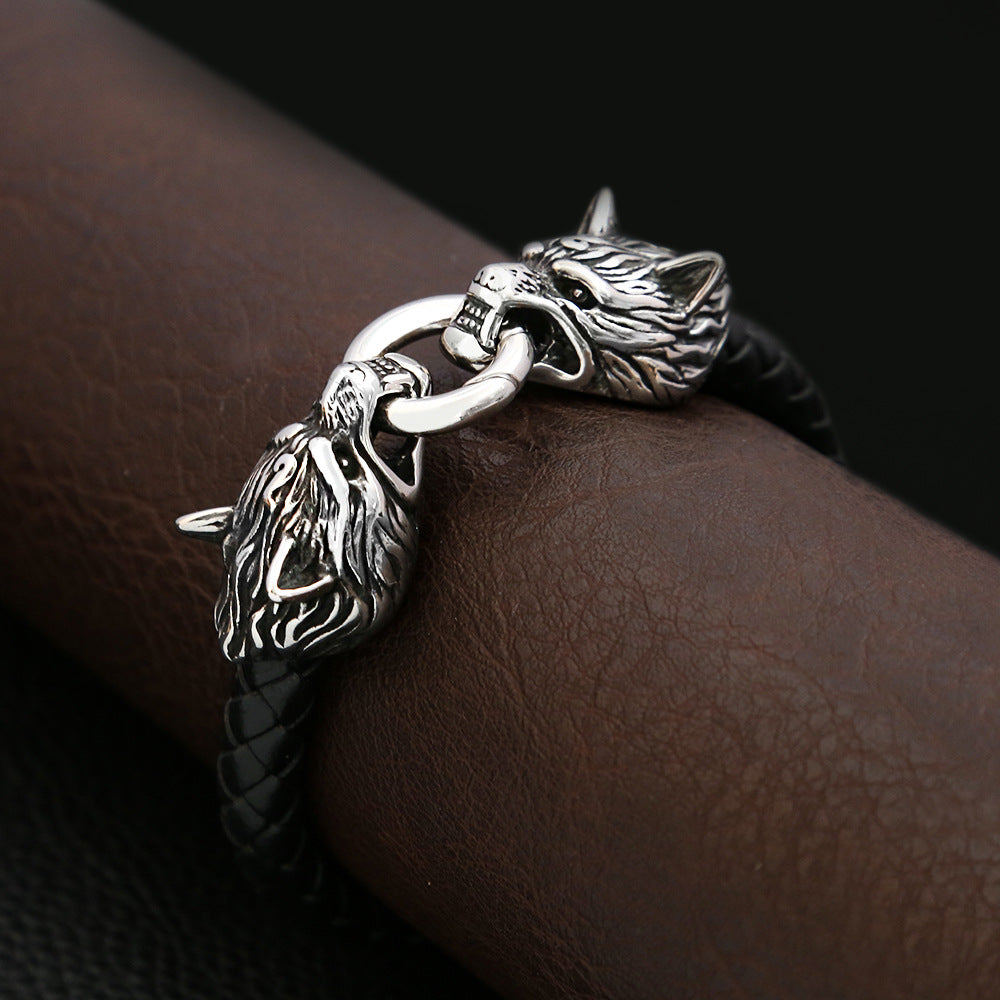 Men's New European Viking Wolf Head Titanium Steel Handmade Leather Cord Bracelet, Creative Personality Wristband Bangle