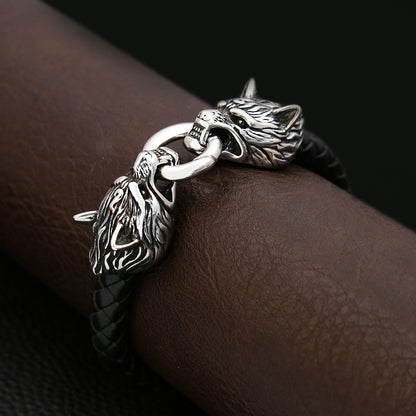 Men's New European Viking Wolf Head Titanium Steel Handmade Leather Cord Bracelet, Creative Personality Wristband Bangle
