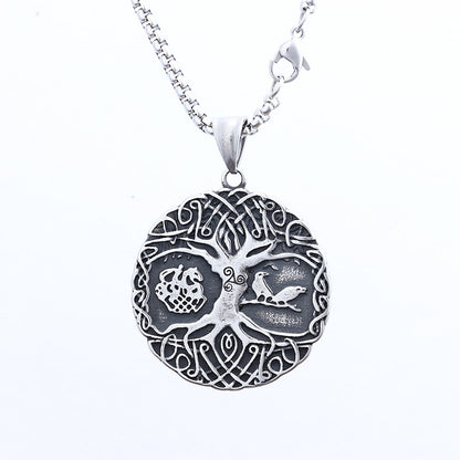 Men's Steel Tree of Life Round Pendant Necklace