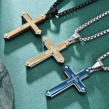 Double-Layer Zircon-Encrusted Men's Cross Pendant Necklace