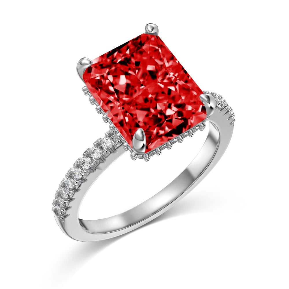 Women's Square Ice Flower Cut Red Zirconia Fashion Ring, S925 with White Gold Plating