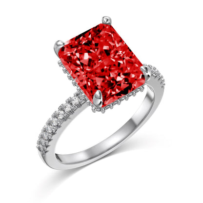 Women's Square Ice Flower Cut Red Zirconia Fashion Ring, S925 with White Gold Plating