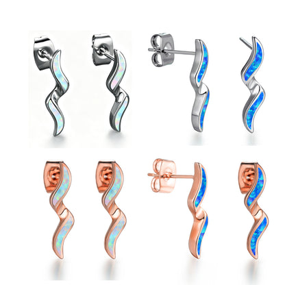 Women's Wavy Curve Inlaid Opal Drop Stud Earrings