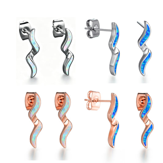 Women's Wavy Curve Inlaid Opal Drop Stud Earrings