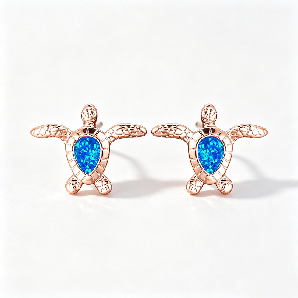 Women's Sea‑Turtle Stud Earrings With Teardrop Opal, with White Gold / Rose Gold Plating