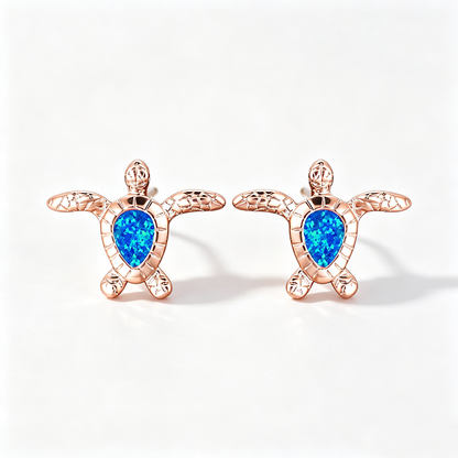 Women's Sea‑Turtle Stud Earrings With Teardrop Opal, with White Gold / Rose Gold Plating