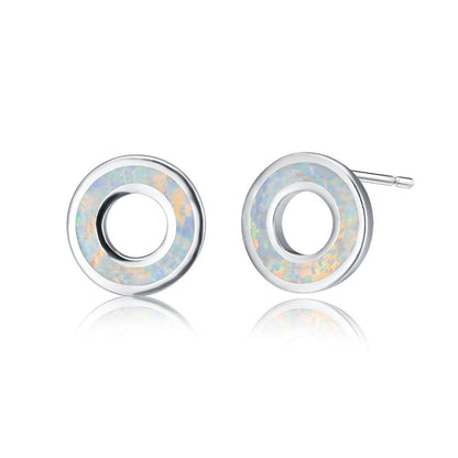 Women's Hollow Circle Stud Earrings, Blue Opal / White Opal Inlay, with White Gold Plating