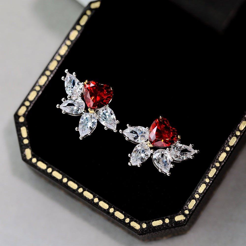 Women's Flower Stud Earrings, Red Heart Zirconia with White Marquise Zirconia, S925 with White Gold Plating